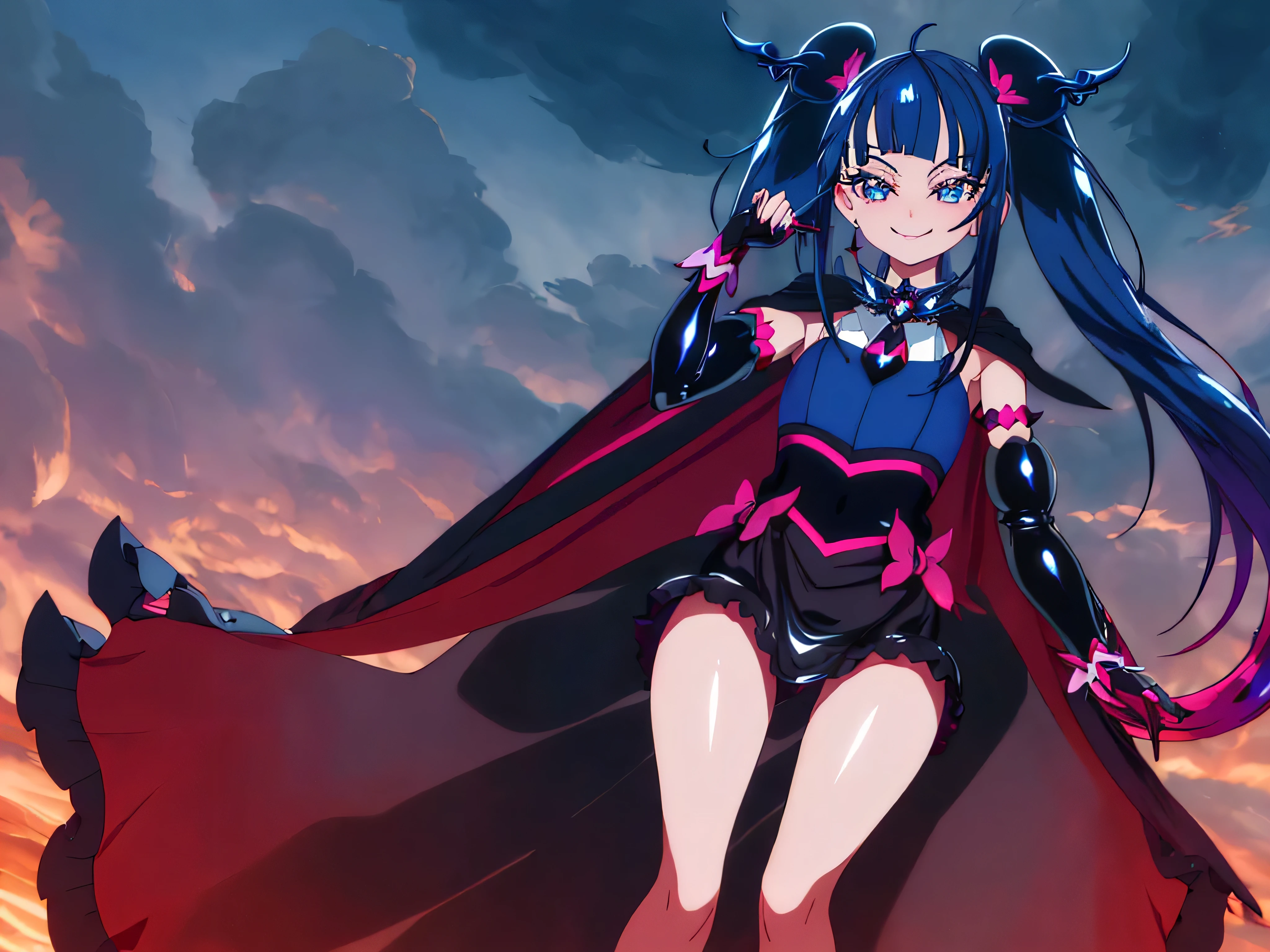 Highest quality, Super detailed,One girl, alone, {cure_null_hirogarunullprecure:1.15}, Dark blue hair, blue eyes, Blue flames in the eyes, Long Hair, Twin tails, Magical girl, bangs, Open your mouth, Redhead, multicoloRedhead, One girl, blunt bangs, Darken your clothes, hair ornaments, Wicked Smile, devilish aura (Shiny fabric:1.5), Full Body Shot, Purple Gemstone, Fascinating, blush, (Beautiful attention to detail:1.6), Highly detailed face, Perfect lighting, Highly detailed CG, (Perfect hands, Perfect Anatomy), devil, Red and black color scheme, Shiny material, Grin, Black Ribbon, Black satin gloves, Evil clover leaf ornament, Black ruffles, jewelry, corruption, Latex gloss, Black Gothic Cloak, Wicked Smile, Dark world background, Red Moon, cloudy null, CG Style, One-sided black wing,deep shaded face,