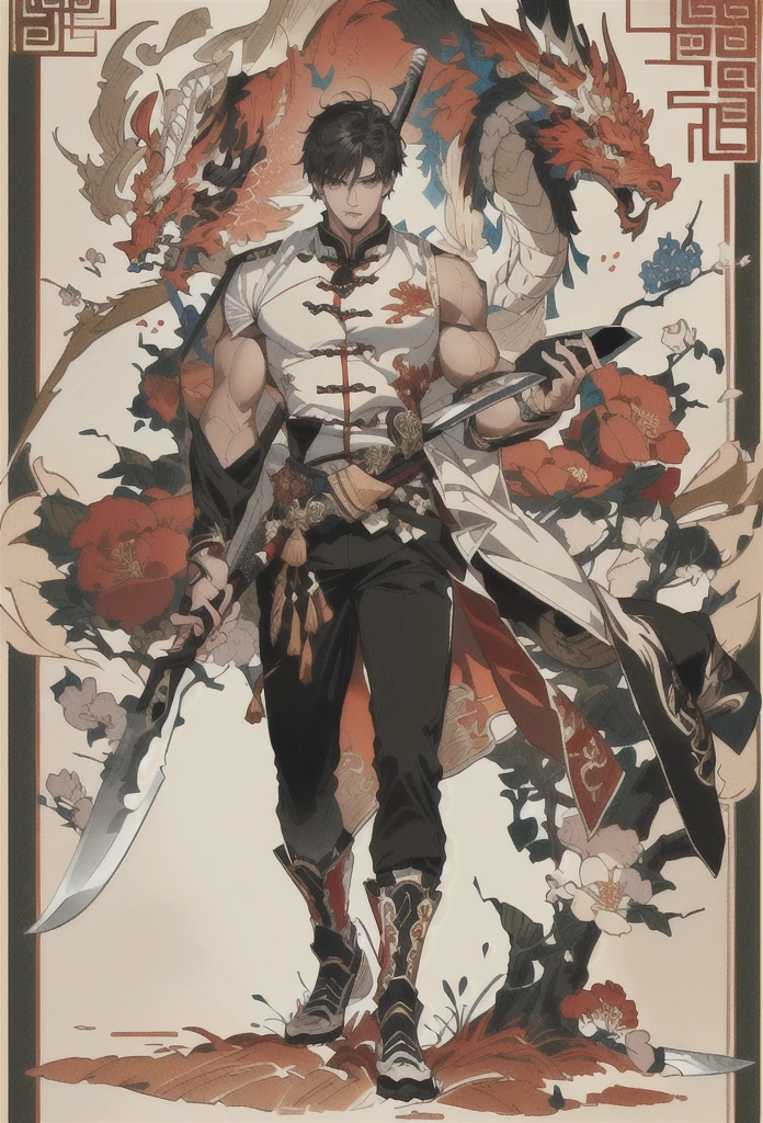 (Extremely complex and exquisite details,masterpiece,Highest quality,Full body picture of a strong, masculine and handsome man with short black hair,Modern sports tight clothing,Strong handsome masculine style,Holding a stick with a machete in his right hand,Holding book in left hand,Show muscle color),correct anatomy,Very strong muscles,Exquisite Chinese dragon high contrast background,Broadsword