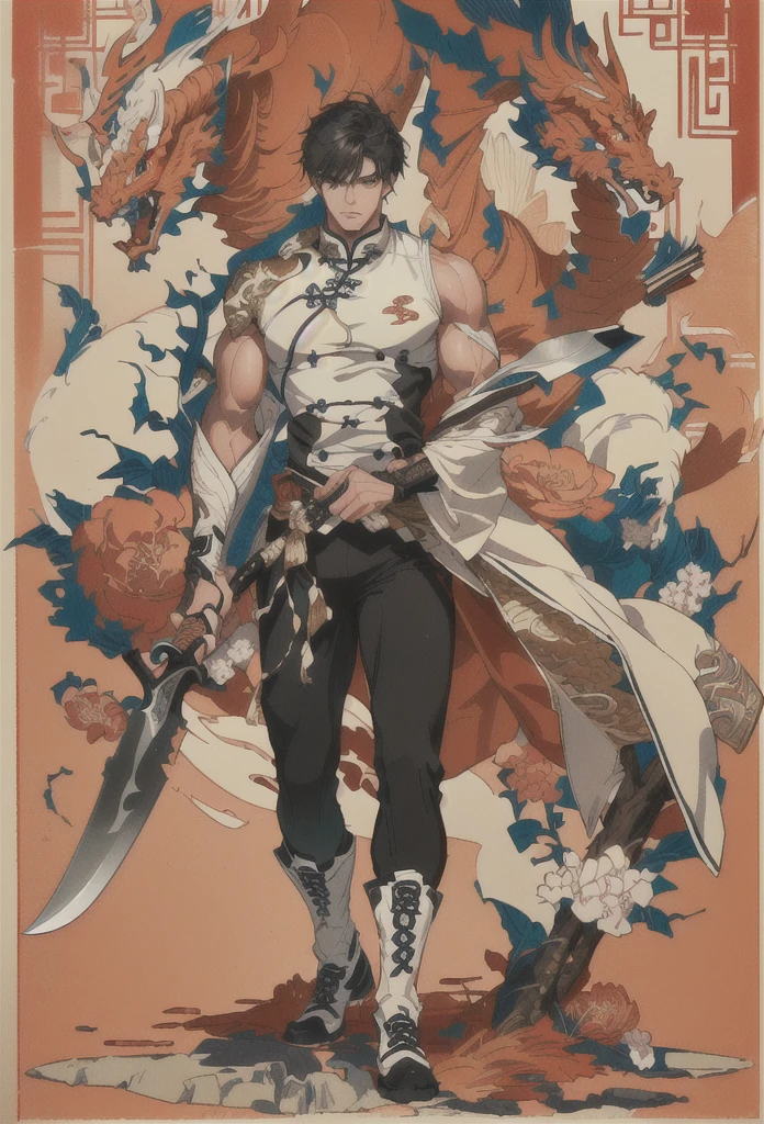 (Extremely complex and exquisite details,masterpiece,Highest quality,Full body picture of a strong, masculine and handsome man with short black hair,Modern sports tight clothing,Strong handsome masculine style,Holding a stick with a machete in his right hand,Holding book in left hand,Show muscle color),correct anatomy,Very strong muscles,Exquisite Chinese dragon high contrast background,Broadsword