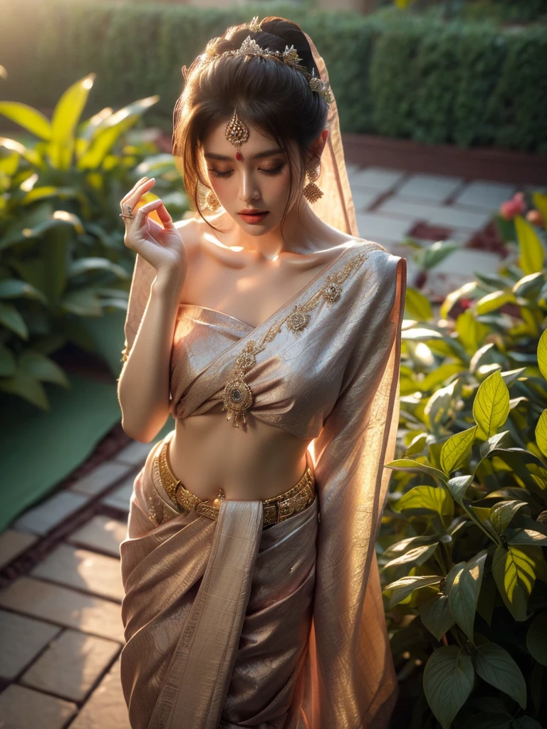 A woman is seen from a unique aerial perspective in a lush garden at dusk, where her pose is enticing and evocative. The Indian sari she wears adds a layer of cultural depth and the warm and gentle lighting sets the mood. Her mood is enigmatic and captivating. (Aerial perspective: 1.5), (enticing pose: 1.4), (Indian sari: 1.5), (lush garden: 1.3), (dusk: 1.3), (enigmatic mood: 1.5), (soft warm lighting: 1.4).