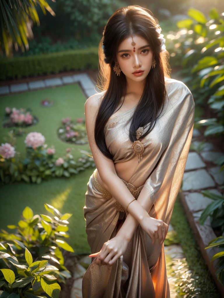 A woman is seen from a unique aerial perspective in a lush garden at dusk, where her pose is enticing and evocative. The Indian sari she wears adds a layer of cultural depth and the warm and gentle lighting sets the mood. Her mood is enigmatic and captivating. (Aerial perspective: 1.5), (enticing pose: 1.4), (Indian sari: 1.5), (lush garden: 1.3), (dusk: 1.3), (enigmatic mood: 1.5), (soft warm lighting: 1.4).
