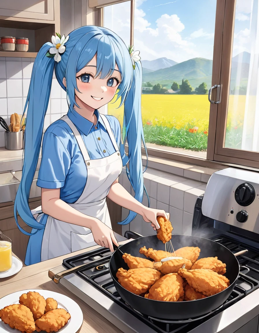 Light blue long hair、Beautiful girl with twin tails、Bright kitchen、Outside the window you can see a flower field、It looks like fun. They are frying fried chicken in a fryer.、Bright smile、