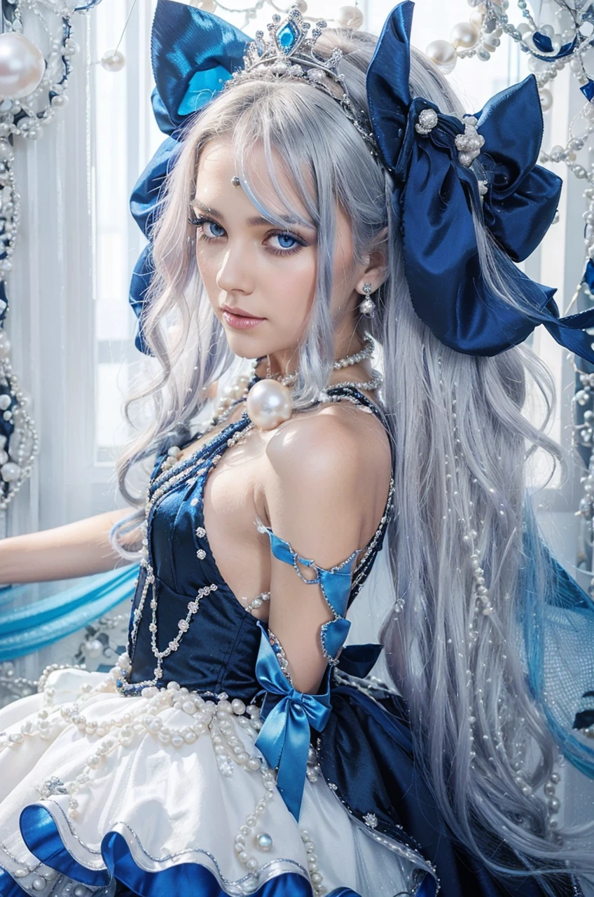 crown out of pearls, eyes royal blue very Detailed,
waistbow out of pearls, diamonds making everything
shine, shiny Silver long hair fading into and royal blue
color, Black dress with diamonds in the corner of the
dress