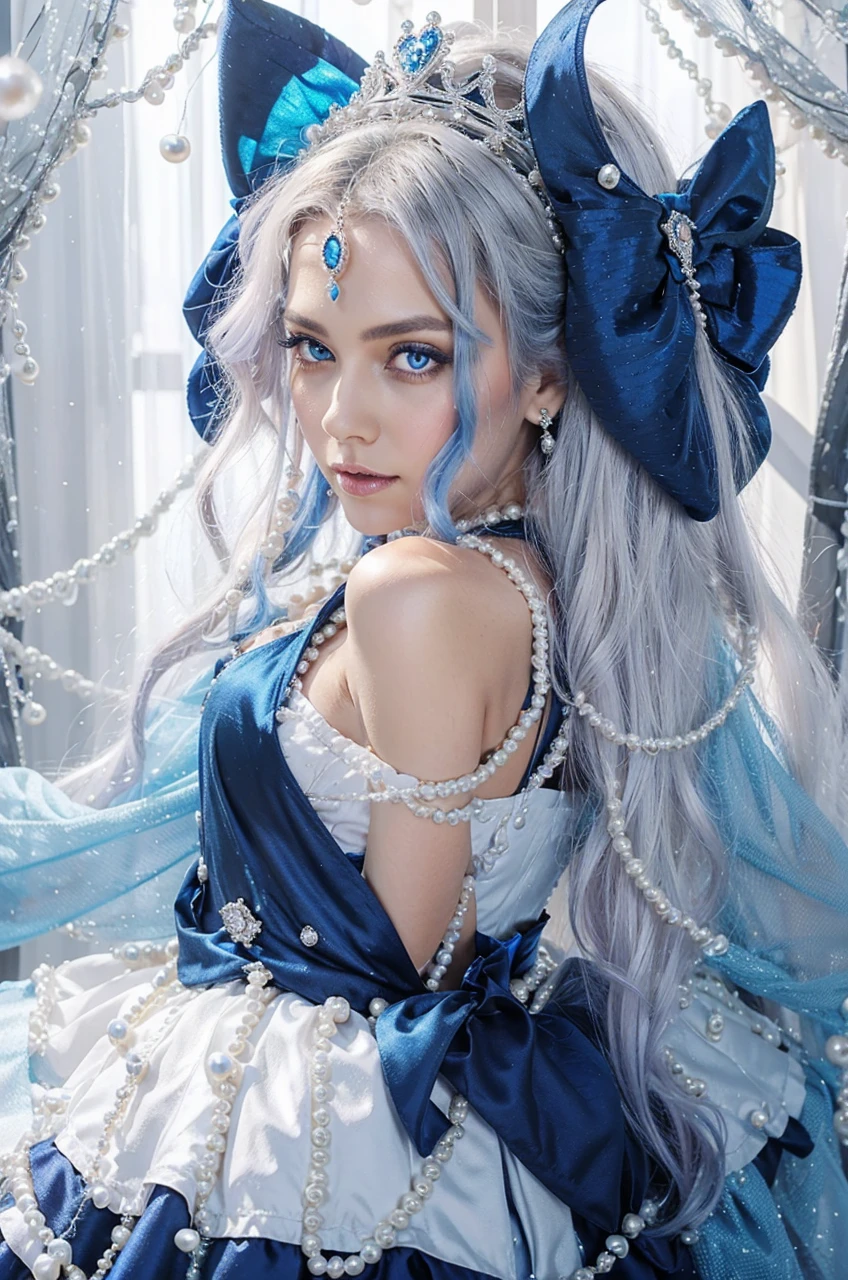 crown out of pearls, eyes royal blue very Detailed,
waistbow out of pearls, diamonds making everything
shine, shiny Silver long hair fading into and royal blue
color, Black dress with diamonds in the corner of the
dress