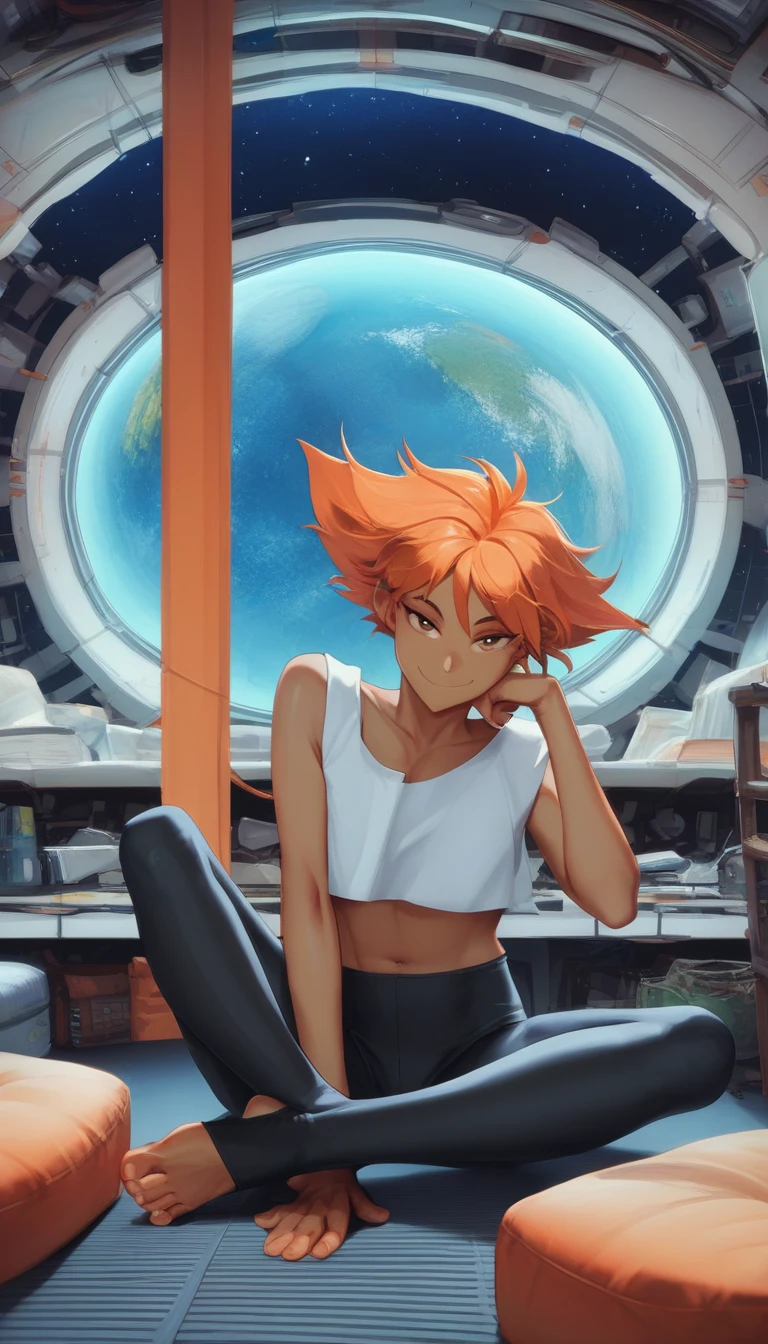 score_9, score_8_up, score_7_up, score_6_up, score_5_up, score_4_up, source_anime, BREAK Edward, midriff, orange hair, 1girl, toeless legwear, solo, sitting, crossed legs, looking at viewer, bare shoulders, indoors, leggings, stirrup legwear, sleeveless, head rest, smiling, space station, bedroom eyes, bedroom,