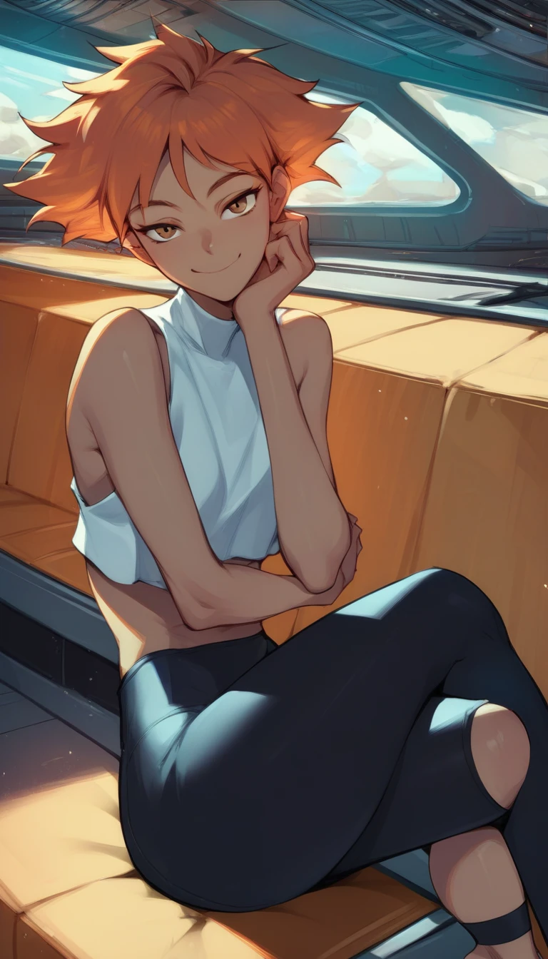 score_9, score_8_up, score_7_up, score_6_up, score_5_up, score_4_up, source_anime, BREAK Edward, midriff, orange hair, 1girl, toeless legwear, solo, sitting, crossed legs, looking at viewer, bare shoulders, indoors, leggings, stirrup legwear, sleeveless, head rest, space station, engine room, smiling, bedroom eyes, breasts, cleavage (insanely detailed, beautiful detailed face, masterpiece, best quality),
