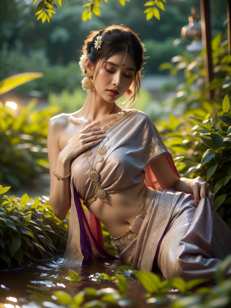 Shot from a lower angle, a woman, dressed in an Indian sari, displays an enchanting pose in a lush garden as twilight sets in. The lighting is soft and soothing, emanating a sense of calm and serenity. Her demeanor holds a certain elusive charm. (Lower angle: 1.4), (enchanting pose: 1.4), (Indian sari: 1.5), (lush garden: 1.3), (dusk: 1.3), (elusive charm: 1.5), (soft soothing lighting: 1.4).