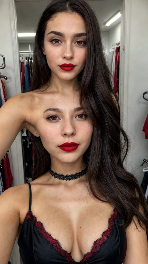 Woman selfie, long dark brown hair, black eyes, red lipstick, ultra realistic, Show dressing room