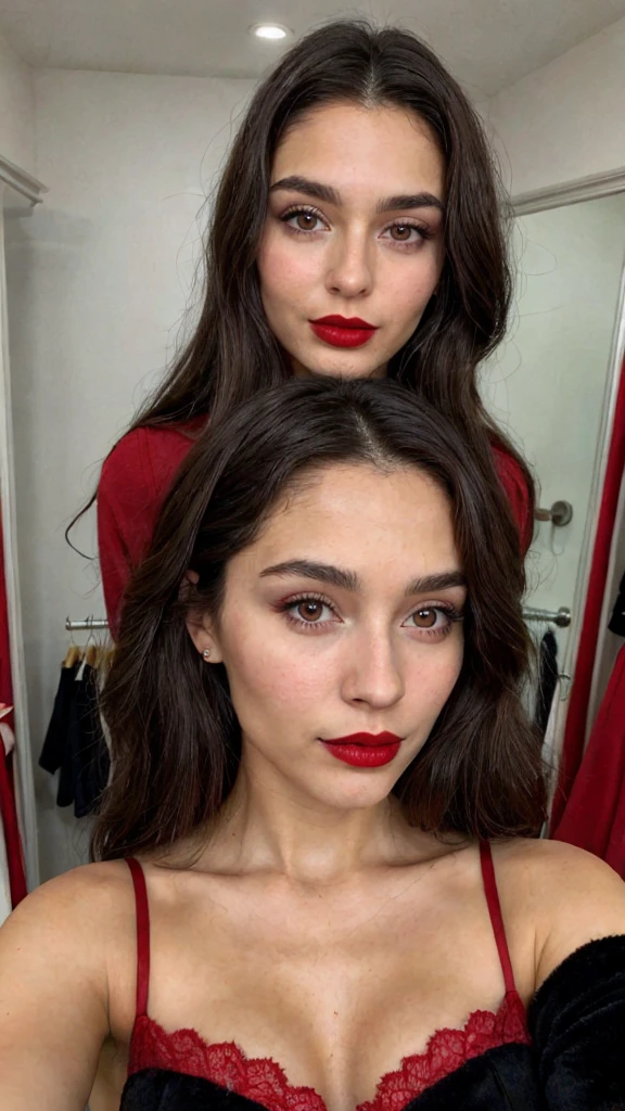Woman selfie, long dark brown hair, black eyes, red lipstick, ultra realistic, Show dressing room