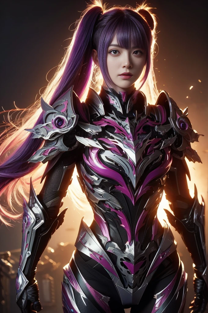 masterpiece, best quality, illustration, beautiful detailed eyes, colorful background, mechanical prosthesis, mecha coverage, emerging dark purple across with white hair, pig tails, disheveled hair, fluorescent purple, cool movement, rose red eyes, beatiful detailed cyberpunk city, multicolored hair, beautiful detailed glow, 1 girl, expressionless, cold expression, insanity, long bangs, long hair, lace, dynamic composition, motion, ultra - detailed, incredibly detailed, a lot of details, amazing fine details and brush strokes, smooth, hd semirealistic anime cg concept art digital painting, cyborg style,