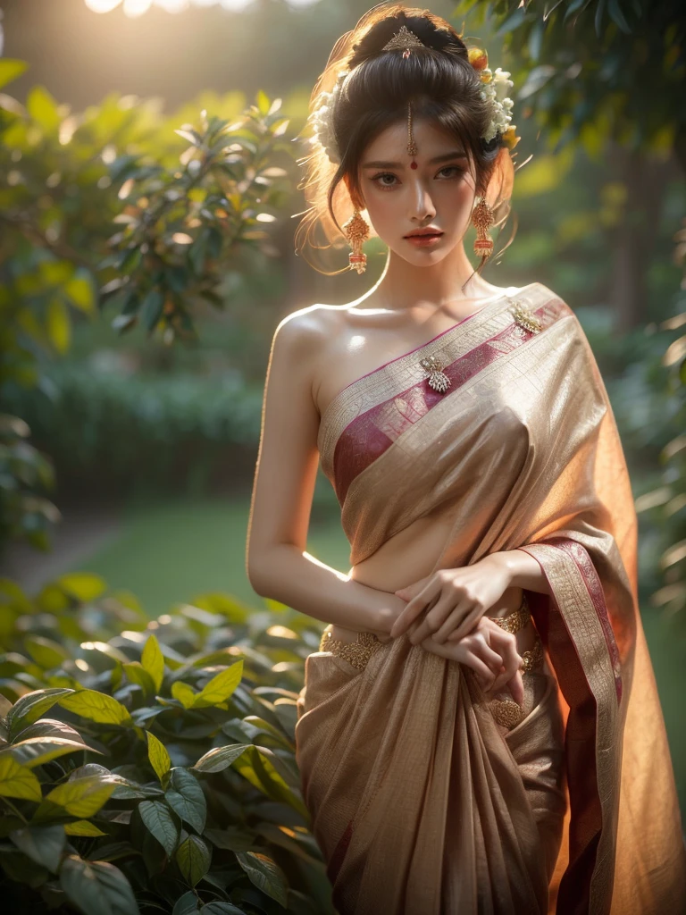 With the camera at eye level, a woman in an enticing pose brings a sense of allure in a lush garden at dusk. Her traditional Indian sari, the soft, warm lighting and her spellbinding countenance contribute to a shared sense of mystery. (Eye level: 1.4), (enticing pose: 1.4), (Indian sari: 1.5), (lush garden: 1.3), (dusk: 1.3), (spellbinding countenance: 1.5), (soft warm lighting: 1.4).
