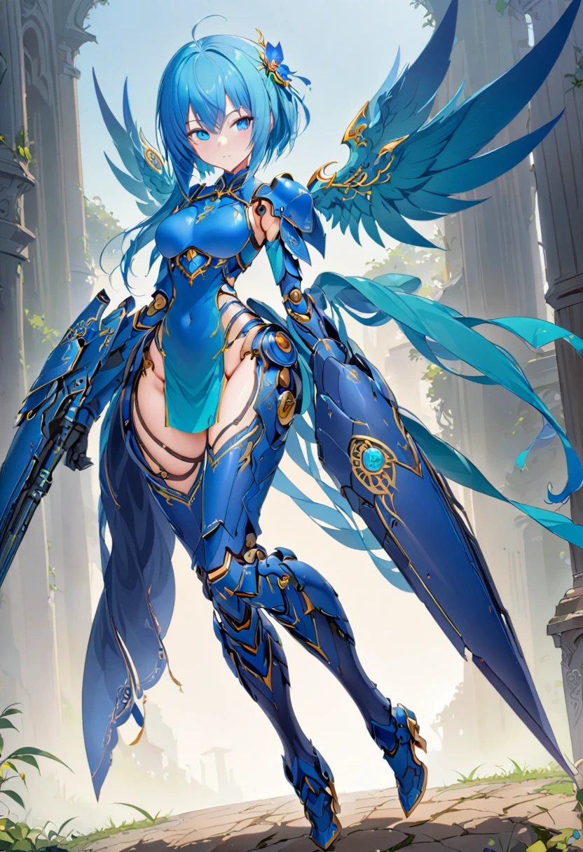 alone, 1 Girl, Androidsinonsolus, Shino Asada, short hair, bangs, blue eyes, hair ornament, hair between eyes, blue hair, sidelocks, slit pupils, gloves, long sleeves, wings, white gloves, armor, shoulder armor, breastplate, blue armor,, arms, Focus on women, Cape, armor, Androidization、Robotization, Handguard, Waist wrap skirt, breastplate, full armor，Thigh-heeled boots, Robot-like joints、Anatomically correct mechanical body　(((masterpiece)))， ((Highest quality))， ((Intricate details))　(8K)、Full Body Shot