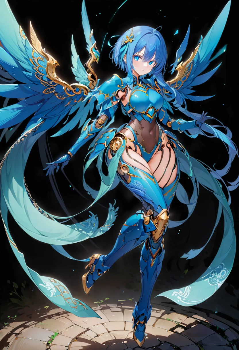 alone, 1 Girl, Androidsinonsolus, Shino Asada, short hair, bangs, blue eyes, hair ornament, hair between eyes, blue hair, sidelocks, slit pupils, gloves, long sleeves, wings, white gloves, armor, shoulder armor, breastplate, blue armor,, arms, Focus on women, Cape, armor, Androidization、Robotization, Handguard, Waist wrap skirt, breastplate, full armor，Thigh-heeled boots, Robot-like joints、Anatomically correct mechanical body　(((masterpiece)))， ((Highest quality))， ((Intricate details))　(8K)、Full Body Shot