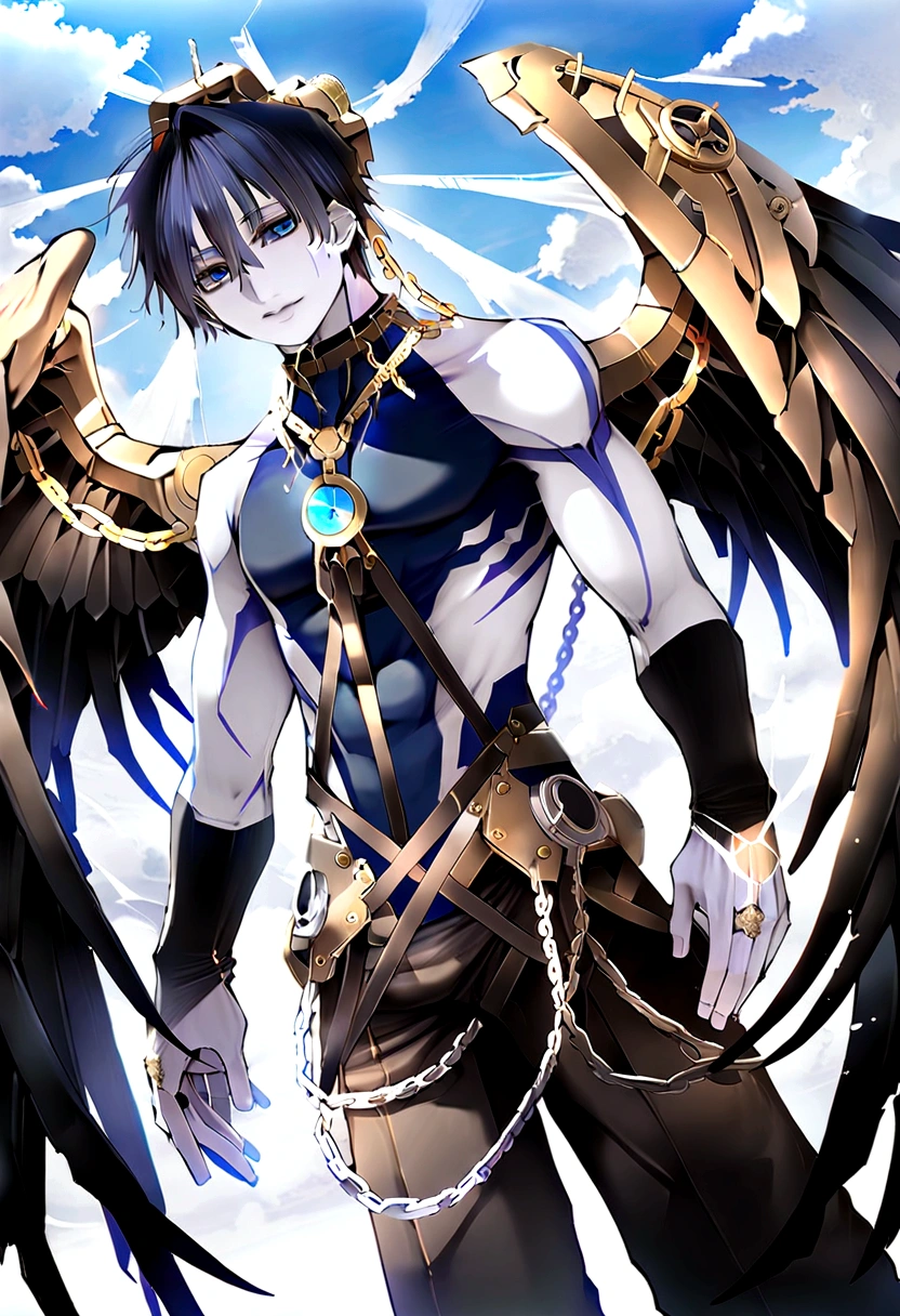 blue eyes, 1boy, black short hair, narrow tail, full body, white hair, male focus, multicolored hair, white angel wings, plain white background, chains, colored skin, fangs, claws, sharp fingernails, monster boy, colored tongue, white crystal horns, cursed pattern, expressionless