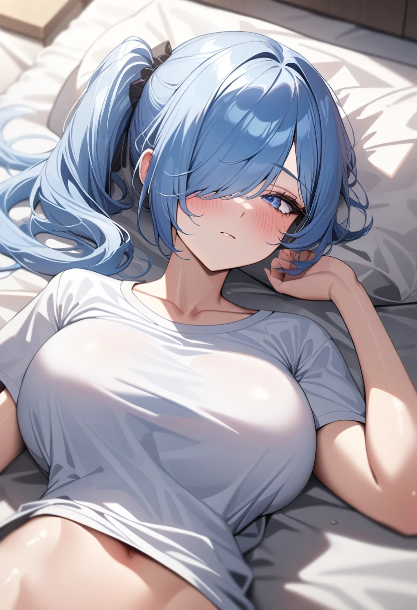 1girl,solo,super detailed skin,shiny skin,expressionless face,blue hair,hair over one eye,side ponytail ,large breasts,big T-shirt,half pant,lying on bed,on back,girl’s bedroom ,masterpiece,best quality,ultra detailed,high resolution,sharp focus,depth of field