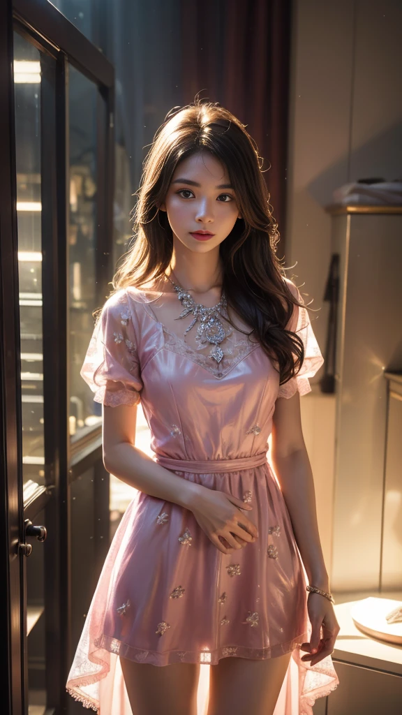 8K, UHD, MAsterpiece, best quality, 1 girl, (realistic face), happy pace, very long hair, small breasts, decorated dress, very beautiful ornaments dress, pink color, lace, mesh dress, sardine, loops, ipllers, depth of field, cinematic lighting, chromatic aberration, motion blur, glowing light, god rays, ray tracing, reflection light, light from the front, Light shines into the face, knee short, standing, Confidence