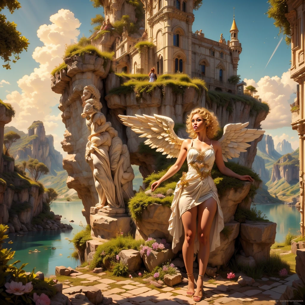 (full body:1.65), halo above head_aureola, solo highly detailed and beautiful angel,(Center of angel's body_Symmetrical_White color_Delicately detailed angel wings:1.5),Exquisite and detailed facial features,(Beautiful blonde curly hair:1.4),Highly detailed face and hair,Long eyelashes,Beautifully detailed eyes,Beautifully detailed lips,Thin translucent flowing_White_elegant dress,Glowing aura,Stunning landscape of heavenly scenery,Rolling hills,Lush meadows and sparkling lake,(Highest quality,4k,8k,High resolution,Masterpiece:1.2),Ultra detailed,(Realistic,Photorealistic,Photorealistic:1.37),HDR,UHD,Studio lighting,Ultra fine painting,Sharp focus,Physically based rendering,Extreme detail description,Professional,Vivid colors,Bokeh,Scenery,Peaceful,Idyllic,Golden hour lighting,Dramatic sky,Fluffy clouds,Reflecting lake,Vibrant greenery,Wildflowers,Ancient castle,Medieval architecture