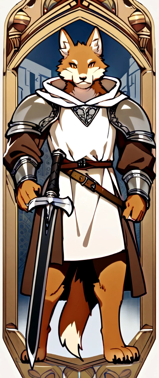 Furry, male, brown fox, long dark brown hair, pair of brown eyes, medieval age, wearing half of an armor in white, wearing white clothing, white hoodie, black sword around the belt