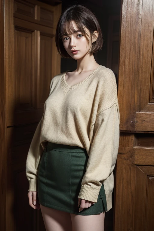 (masterpiece, Highest quality, High resolution), Short Hair,Floating Hair、Light brown、 Sian Carcadigan, sweater,((Eikurana々)) dark_green_shirt,mini skirt, Are standing, , alone,