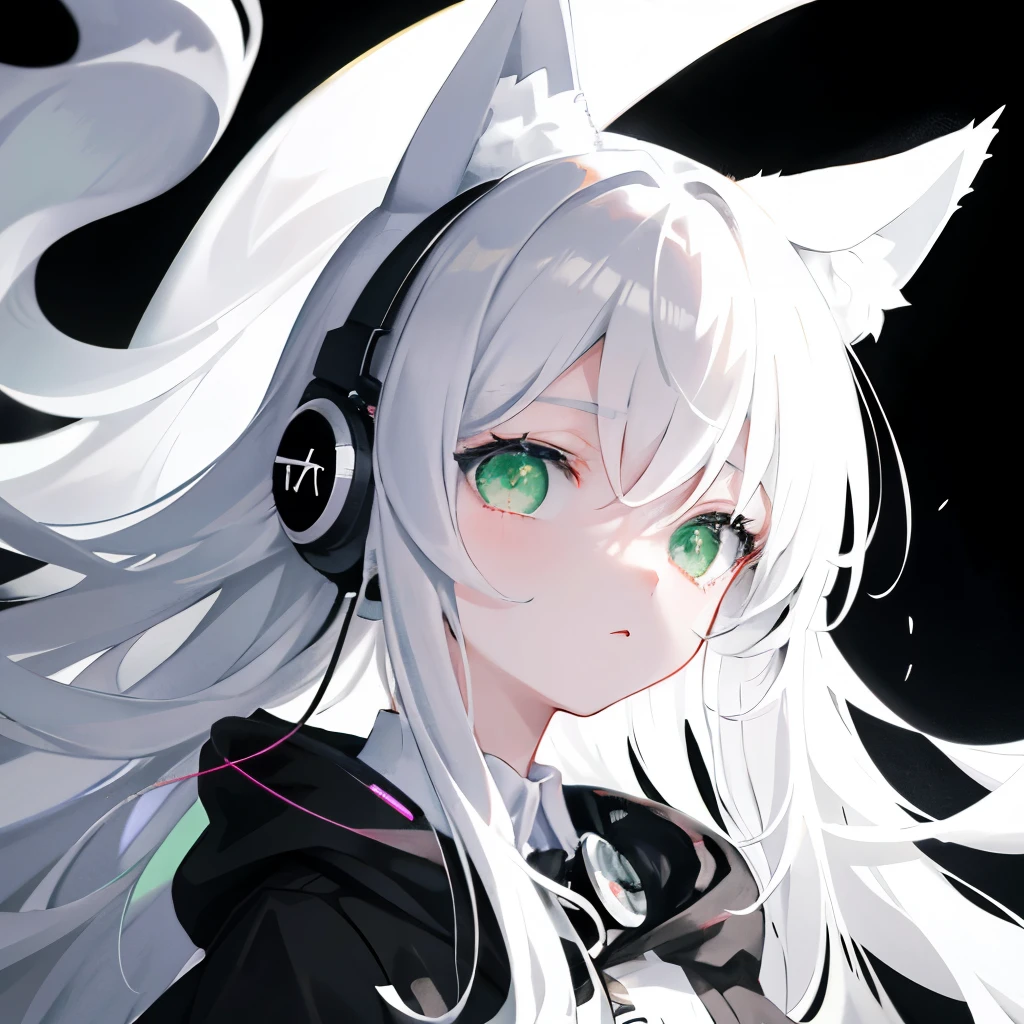 manga, black and white clothes, one girl, long black and white hair, headphones, green eyes, cat ears, close-up