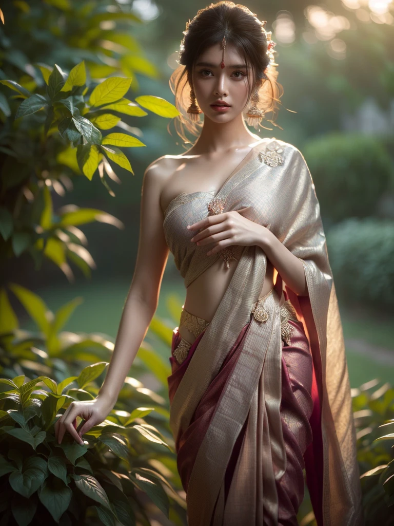 Captured in a wide-angle shot, a woman perfectly embodies the beguiling attraction of a lush garden at dusk. Donned in an Indian sari, her pose is alluring with the soft intimate lighting reinforcing the idyllic surroundings. (Wide-angle shot: 1.4), (alluring pose: 1.4), (Indian sari: 1.5), (lush garden: 1.3), (dusk: 1.3), (beguiling attraction: 1.5), (soft intimate lighting: 1.4).