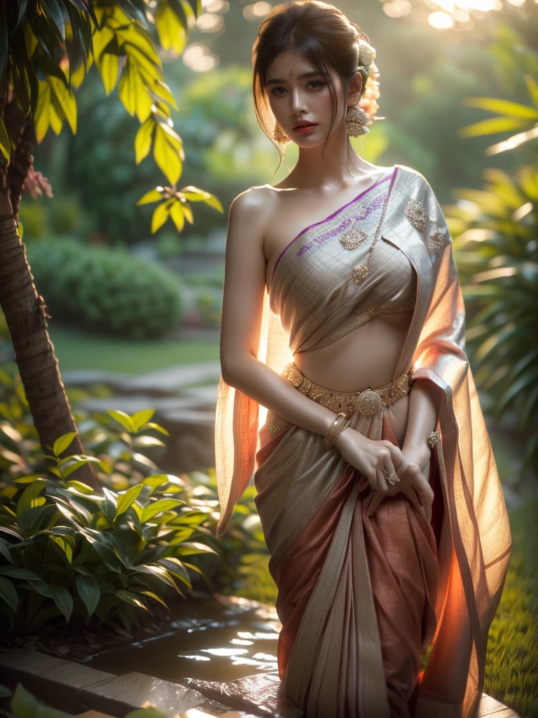 Captured in a wide-angle shot, a woman perfectly embodies the beguiling attraction of a lush garden at dusk. Donned in an Indian sari, her pose is alluring with the soft intimate lighting reinforcing the idyllic surroundings. (Wide-angle shot: 1.4), (alluring pose: 1.4), (Indian sari: 1.5), (lush garden: 1.3), (dusk: 1.3), (beguiling attraction: 1.5), (soft intimate lighting: 1.4).