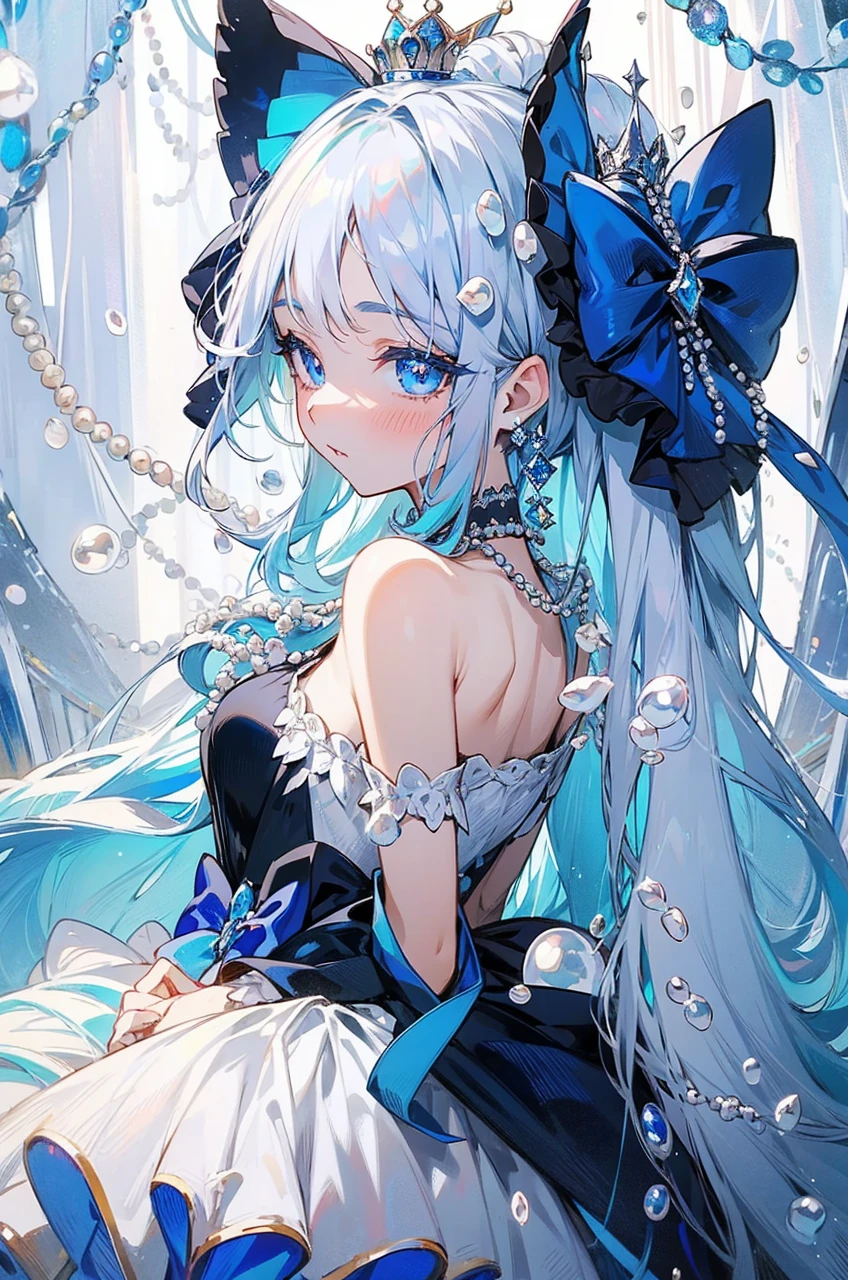 crown out of pearls, eyes royal blue very Detailed,
waistbow out of pearls, diamonds making everything
shine, shiny Silver long hair fading into and royal blue
color, Black dress with diamonds in the corner of the
dress