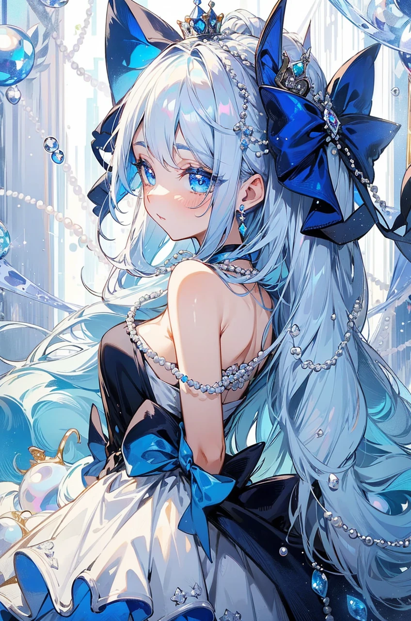 crown out of pearls, eyes royal blue very Detailed,
waistbow out of pearls, diamonds making everything
shine, shiny Silver long hair fading into and royal blue
color, Black dress with diamonds in the corner of the
dress