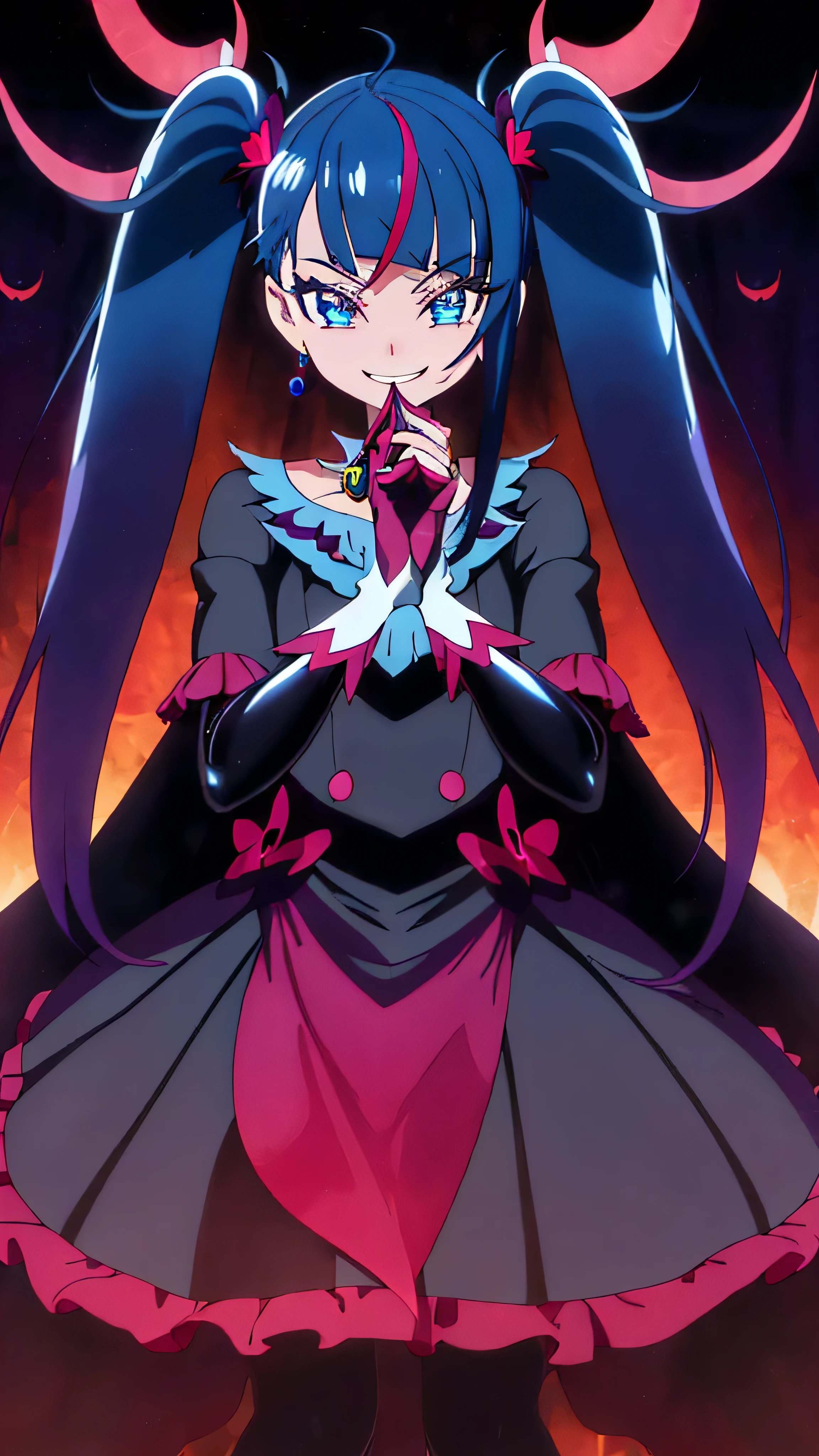 Highest quality, Super detailed,One girl, alone, {cure_null_hirogarunullprecure:1.15}, Dark blue hair, blue eyes, Blue flames in the eyes, Long Hair, Twin tails, Magical girl, bangs, Open your mouth, Redhead, multicoloRedhead, One girl, blunt bangs, Darken your clothes, hair ornaments, Wicked Smile, devilish aura (Shiny fabric:1.5), Full Body Shot, Purple Gemstone, Fascinating, blush, (Beautiful attention to detail:1.6), Highly detailed face, Perfect lighting, Highly detailed CG, (Perfect hands, Perfect Anatomy), devil, Red and black color scheme, Shiny material, Grin, Black Ribbon, Black satin gloves, Evil clover leaf ornament, Black ruffles, jewelry, corruption, Latex gloss, Black Gothic Cloak, Wicked Smile, Dark world background, Red Moon, cloudy null, CG Style, One-sided black wing,deep shaded face,sadistic smile,