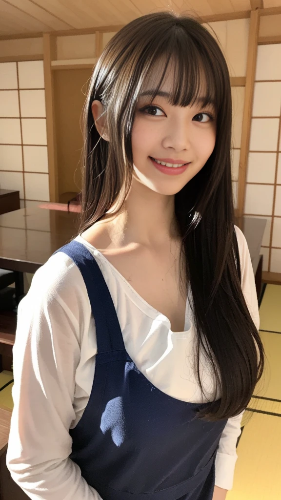 (Highly detailed CG unity 8k wallpaper), (masterpiece), (highest quality), (ultra detailed), (best illustration), (best shadow), ultra high resolution, (realistic, photorealistic:1.2), (Kyoko Otonashi:1.4), (long hair with bangs falling on forehead:1.4), (smiling:1.2), (big breasts:1.4), ((pink long sleeve shirt:1.2)), ((yellow apron:1.2)), (apron with small chick mark:1.2), ((background is old tatami Japanese room:1.4)), (posture:1.2)1.2), natural pose holding broom, use lighting and shadow to emphasize three-dimensionality and realism, express natural light reflection, puffy eyes, close up, cloudy soft light, (upper body:1.4)