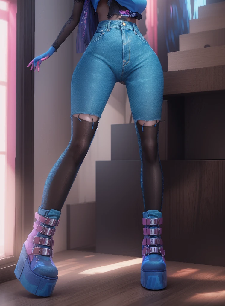 AVATAR SECOND LIFE Korean girl wearing a blue blouse a, Asian,  Perfect and detailed face, imvu, maximalist details, AVATAR SECOND LIFE Korean blusa , neon, blusa azul, pink  hair, jeans escura, jeans, 