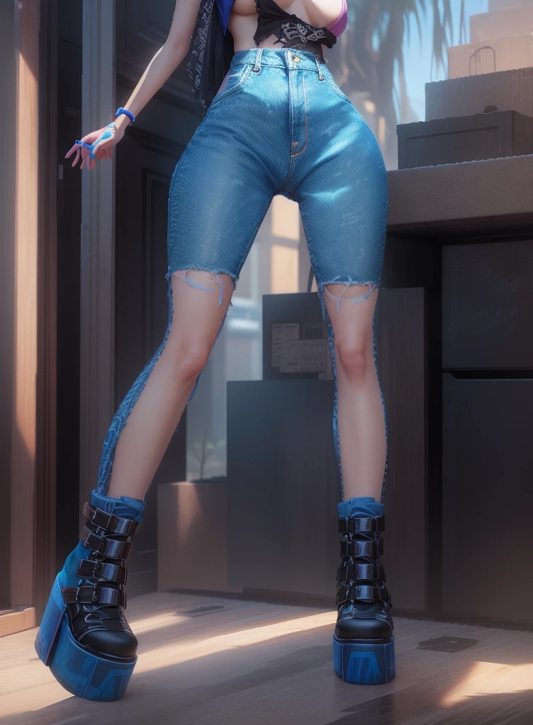 AVATAR SECOND LIFE Korean girl wearing a blue blouse a, Asian, Perfect and detailed face, imvu, maximalist details, AVATAR SECOND LIFE Korean blusa , neon, blusa azul, pink hair, jeans escura, jeans,