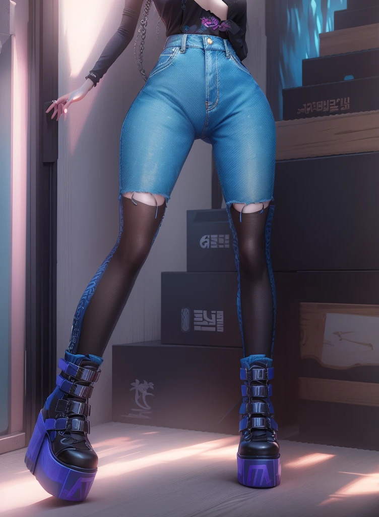 AVATAR SECOND LIFE Korean girl wearing a blue blouse a, Asian,  Perfect and detailed face, imvu, maximalist details, AVATAR SECOND LIFE Korean blusa , neon, blusa azul, pink  hair, jeans escura, jeans, 