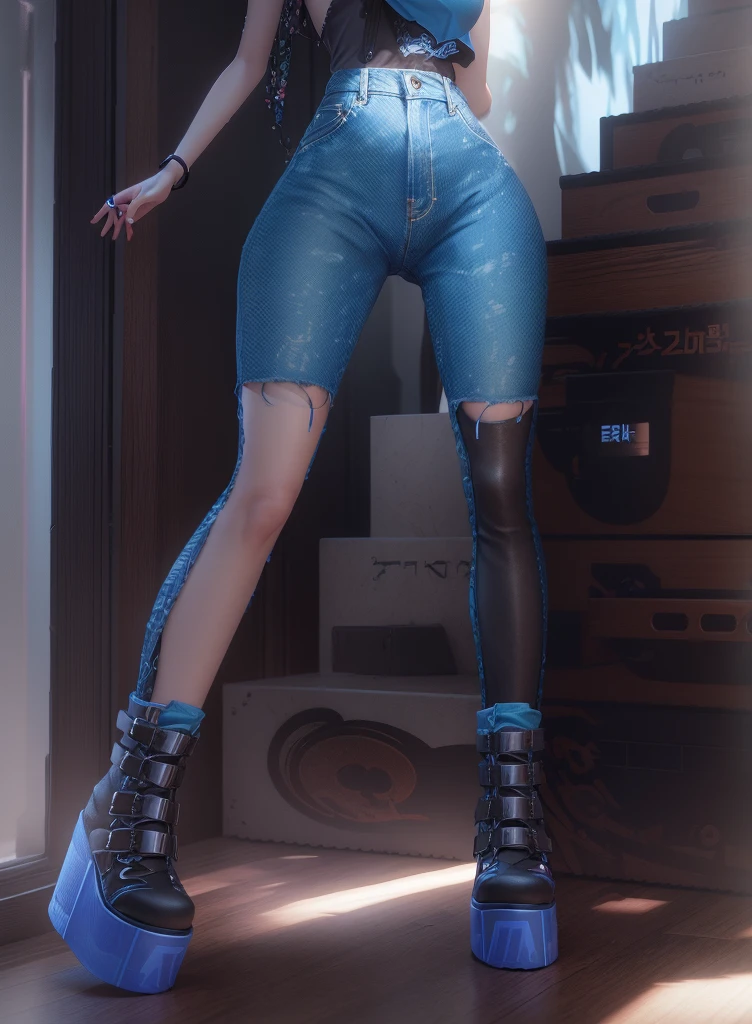AVATAR SECOND LIFE Korean girl wearing a blue blouse a, Asian, Perfect and detailed face, imvu, maximalist details, AVATAR SECOND LIFE Korean blusa , neon, blusa azul, pink hair, jeans escura, jeans,