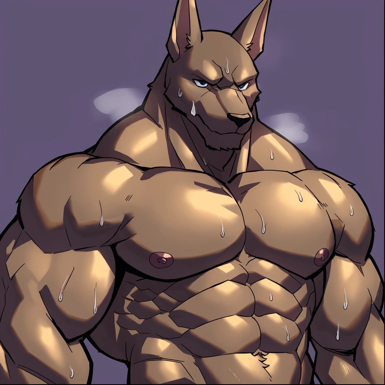 by personalami, by honovy, by thebigslick, by taran fiddler, by kenket, male, anthro (machoke), front view, ((standing)), (muscular:1.5), (naked:1.5), (erection, balls), (very detailed eyes), (large pectorals:1.3), (bedroom, detailed background), chubby