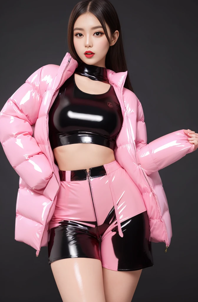 (best quality,pink latex highleg micro shorts :1.2~1.7 )) ((High Detail shiny pink-white latex midriff puffer down jacket ))