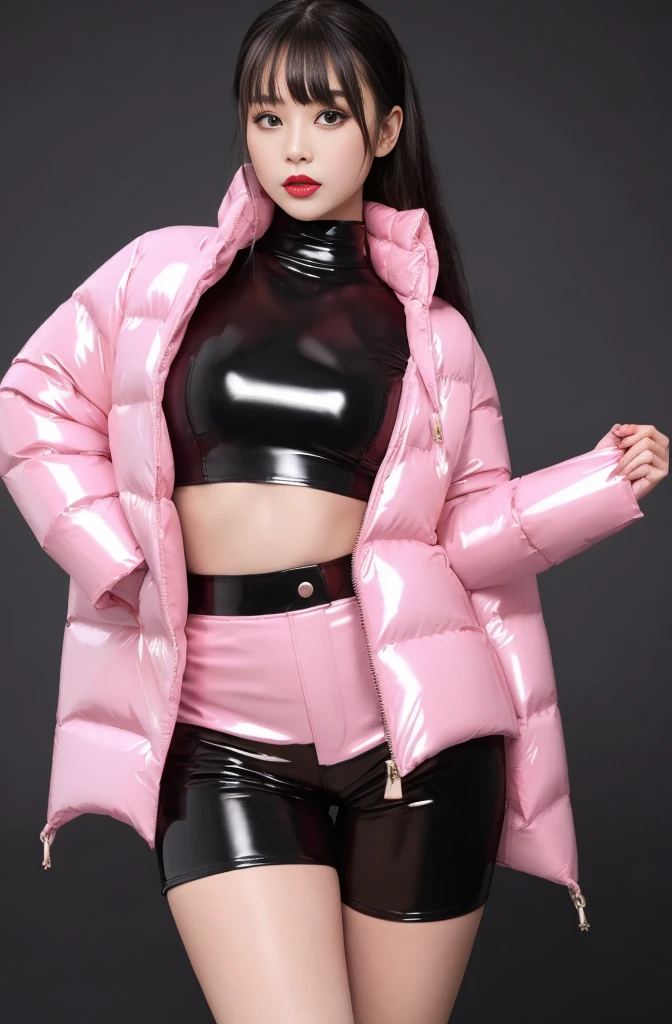 (best quality,pink latex highleg micro shorts :1.2~1.7 )) ((High Detail shiny pink-white latex midriff puffer down jacket ))
