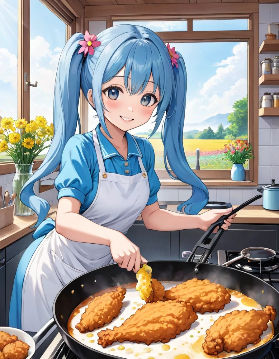 Light blue long hair、Beautiful girl with twin tails、Bright kitchen、Outside the window you can see a flower field、It looks like fun. They are frying fried chicken in a fryer.、Bright smile、