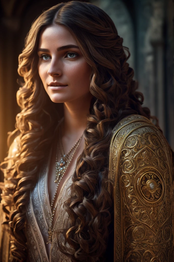 a Breton bard-priest hybrid worshiper of Dibella, intricate detailed portrait, ornate ceremonial robes, flowing hair, serene expression, glowing divine aura, warm lighting, photorealistic, masterpiece, cinematic composition, hyperrealistic, 8k, extremely detailed, sharply focused, vivid colors, dramatic lighting, fantasy art