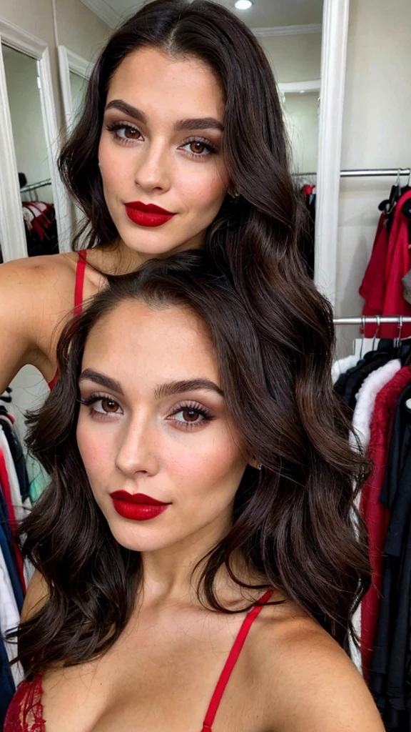 Woman selfie, long dark brown hair, black eyes, red lipstick, ultra realistic, Show dressing room