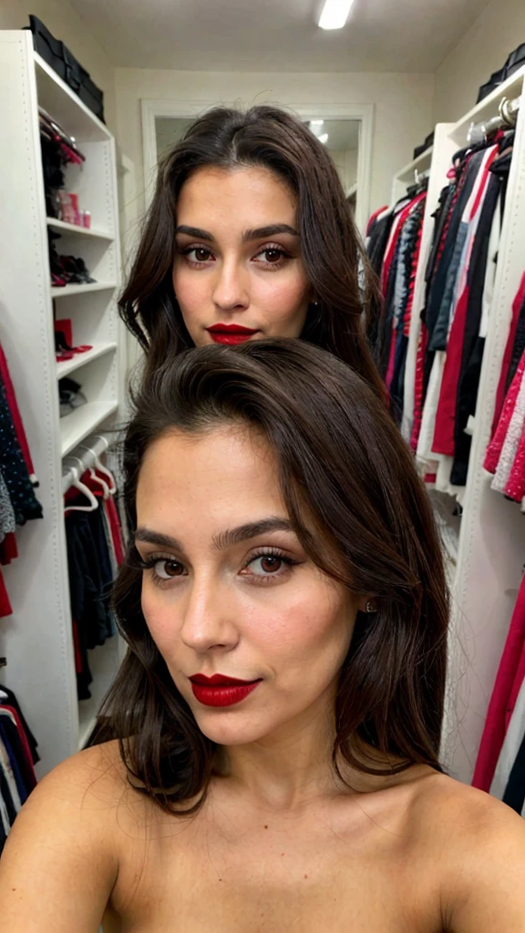 Woman selfie, long dark brown hair, black eyes, red lipstick, ultra realistic, Show dressing room