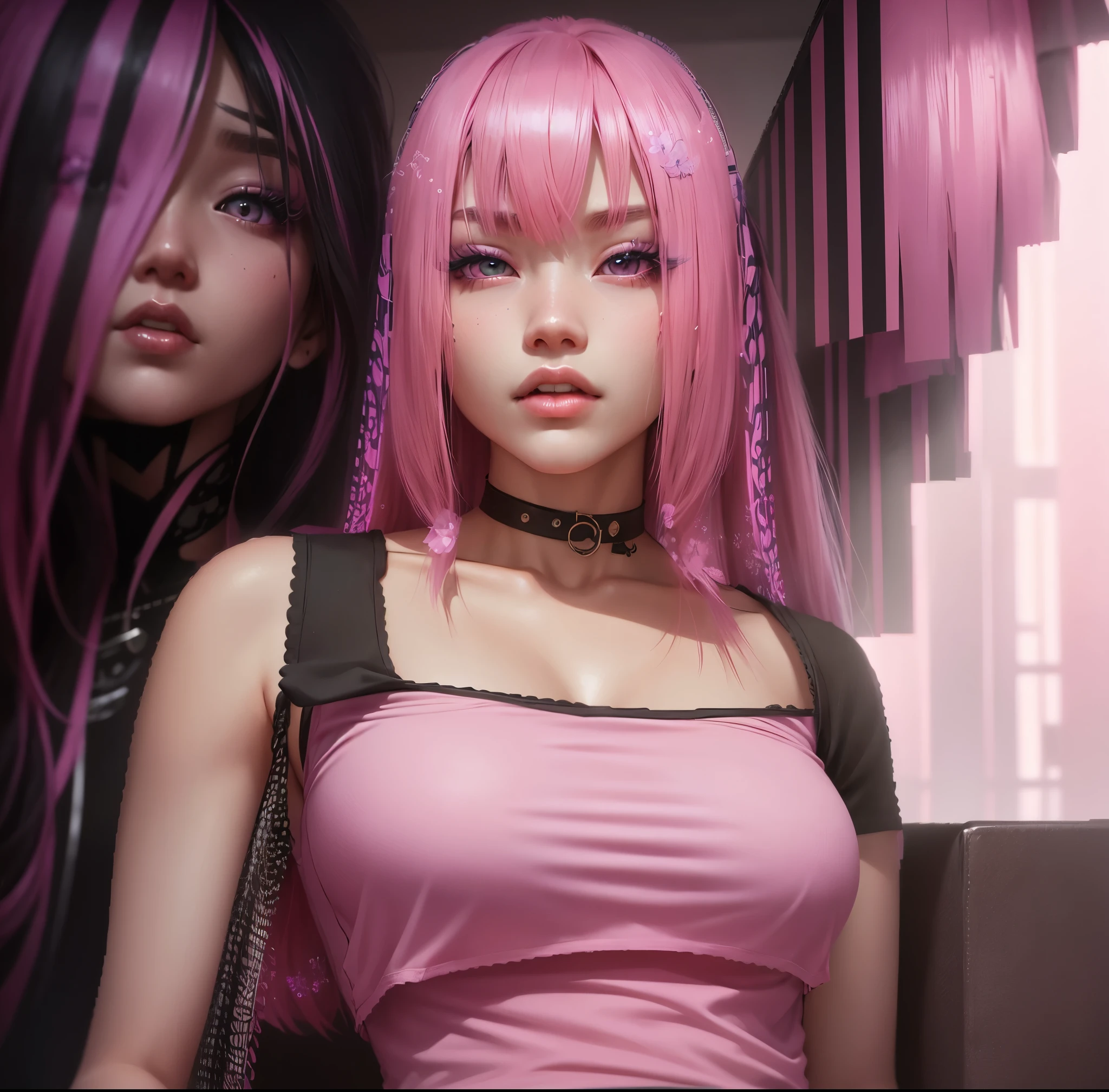 AVATAR SECOND LIFE Korean girl wearing a tank top, Asian, pink long hair, pink  hair,, Perfect and detailed face, imvu, maximalist details, AVATAR SECOND LIFE Korean blusa , neon, blusa azul, pink  hair