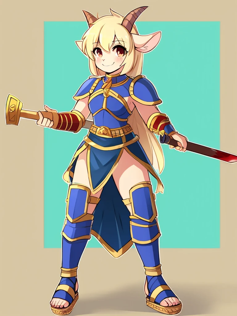 1girl, furry, furry_female, goat_ears, goat_girl, smile, solo, wearing armor, gladiator flat sandals, gladiator skirt, humanoid feet, holding sword, nosebleed,bloody nose