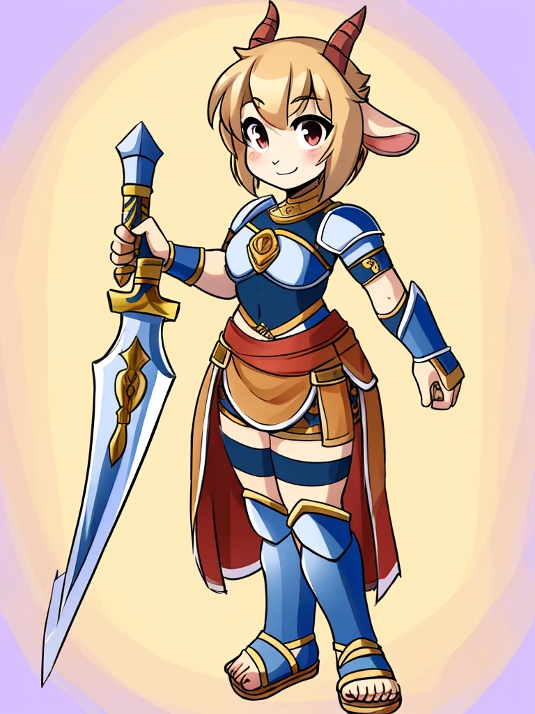 1girl, furry, furry_female, goat_ears, goat_girl, smile, solo, wearing  armor, gladiator flat sandals, gladiator skirt, humanoid feet, holding sword, nosebleed,bloody nose