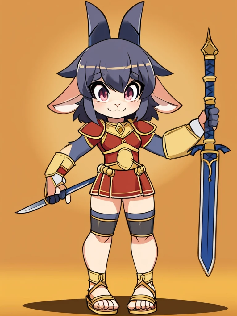 1girl, furry, furry_female, goat_ears, goat_girl, smile, solo, wearing armor, gladiator flat sandals, gladiator skirt, humanoid feet, holding sword, nosebleed,bloody nose