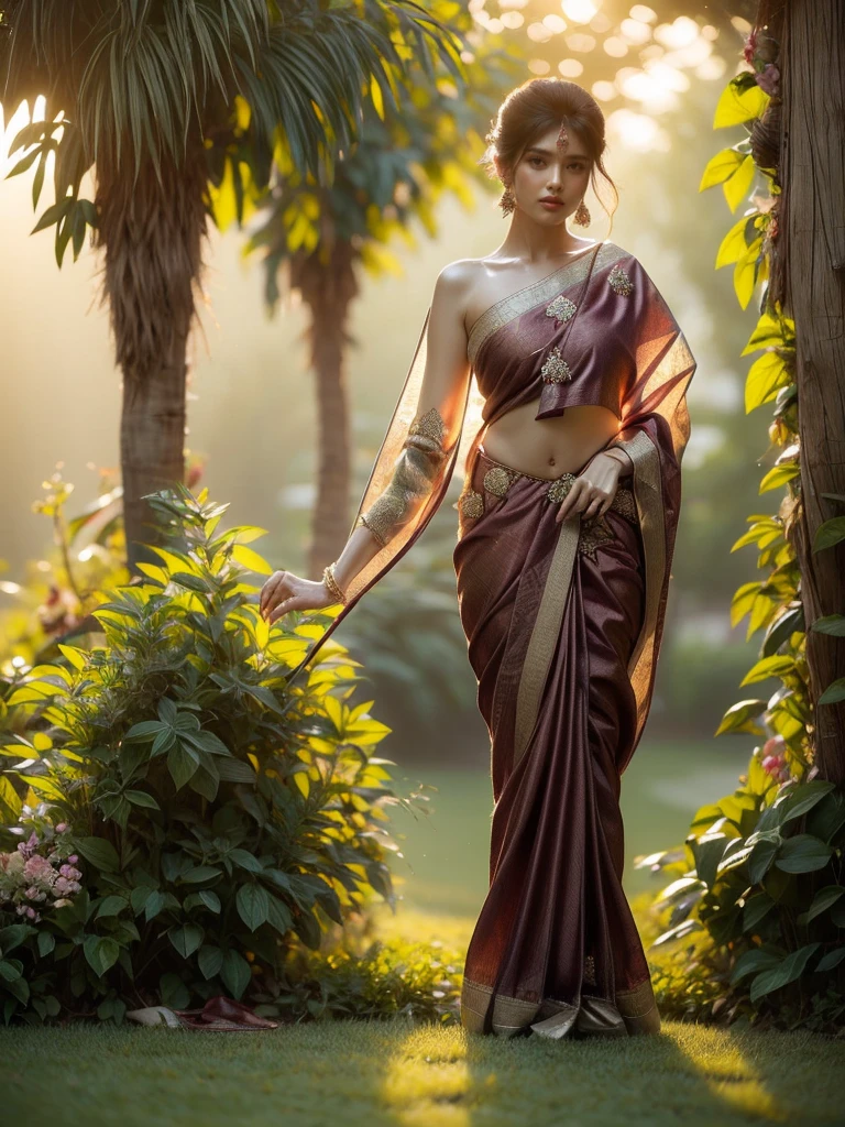A woman is depicted in a commanding stance, while ensconced within a lush garden as the dusk settles. She's wrapped in an alluring Indian sari, her posture radiating a sense of enigma. The illumination is subtle and balmy, carving an ethereal setting. (solo), (commanding pose: 1.4), (Indian sari: 1.5), (lush garden: 1.3), (dusk: 1.3), (enigmatic allure: 1.5), (soft balmy lighting: 1.4).
