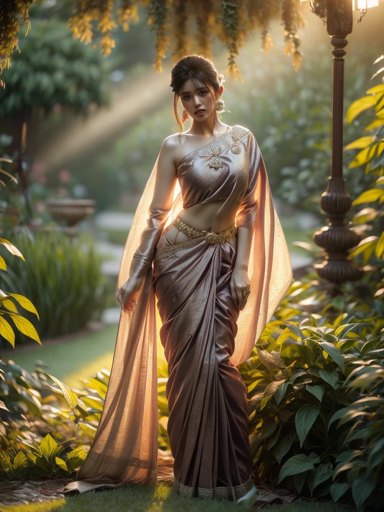 A woman is depicted in a commanding stance, while ensconced within a lush garden as the dusk settles. She's wrapped in an alluring Indian sari, her posture radiating a sense of enigma. The illumination is subtle and balmy, carving an ethereal setting. (solo), (commanding pose: 1.4), (Indian sari: 1.5), (lush garden: 1.3), (dusk: 1.3), (enigmatic allure: 1.5), (soft balmy lighting: 1.4).