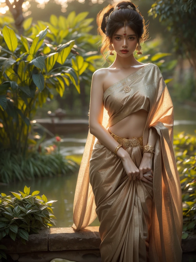 A woman is depicted in a commanding stance, while ensconced within a lush garden as the dusk settles. She's wrapped in an alluring Indian sari, her posture radiating a sense of enigma. The illumination is subtle and balmy, carving an ethereal setting. (solo), (commanding pose: 1.4), (Indian sari: 1.5), (lush garden: 1.3), (dusk: 1.3), (enigmatic allure: 1.5), (soft balmy lighting: 1.4).