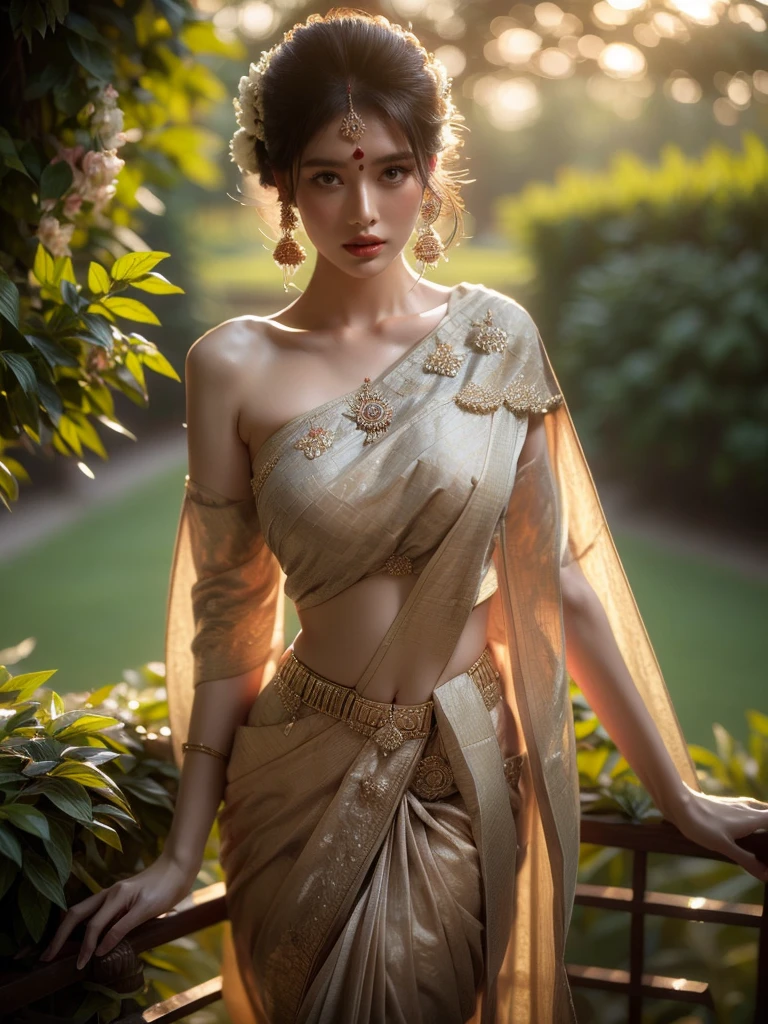 A woman is depicted in a commanding stance, while ensconced within a lush garden as the dusk settles. She's wrapped in an alluring Indian sari, her posture radiating a sense of enigma. The illumination is subtle and balmy, carving an ethereal setting. (solo), (commanding pose: 1.4), (Indian sari: 1.5), (lush garden: 1.3), (dusk: 1.3), (enigmatic allure: 1.5), (soft balmy lighting: 1.4).