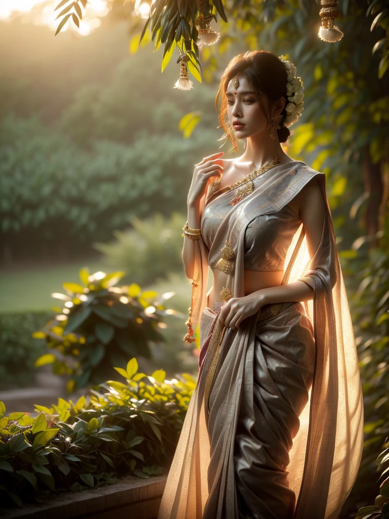 A woman is depicted in a commanding stance, while ensconced within a lush garden as the dusk settles. She's wrapped in an alluring Indian sari, her posture radiating a sense of enigma. The illumination is subtle and balmy, carving an ethereal setting. (solo), (commanding pose: 1.4), (Indian sari: 1.5), (lush garden: 1.3), (dusk: 1.3), (enigmatic allure: 1.5), (soft balmy lighting: 1.4).